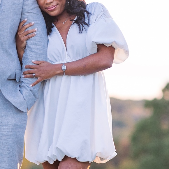 White V Neck Puff Sleeve Mini Dress - Picture 4 of 5